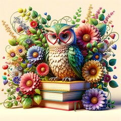 Cute owl with glasses heart, stack of books, flowers, kids cartoon illustration