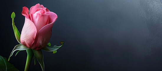 A single pink rose stands out against a black background, its delicate petals showcasing a vibrant shade of pink. The contrast between the flower and the dark backdrop creates a striking visual impact