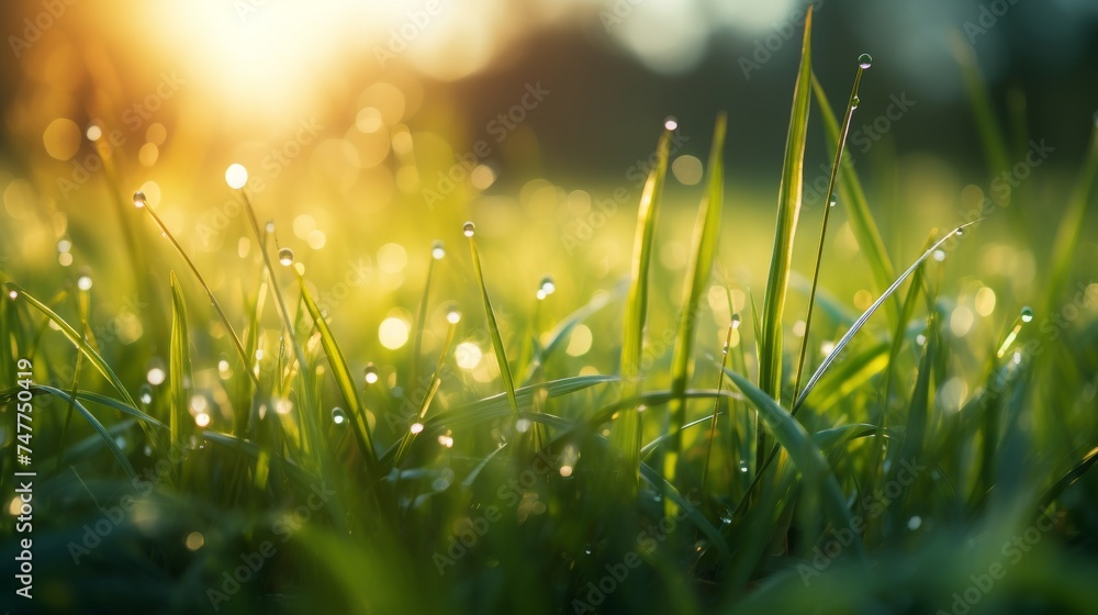 Poster art green grass in a meadow at sunset macro image shallow depth of field abstract summer generative 