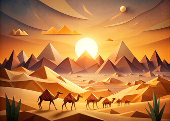 paper art, desert and camel, sunset nature landscape.