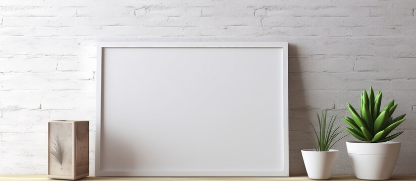 A white picture frame is positioned on top of a shelf beside a potted plant in an indoor setting. The frame appears to be empty, ready to showcase a piece of art or a photograph.