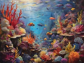 Obraz na płótnie Canvas An underwater scene teeming with coral reefs and tropical fish in a rainbow of colors Generative AI