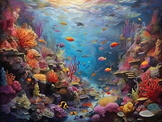 Fototapeta na wymiar An underwater scene teeming with coral reefs and tropical fish in a rainbow of colors Generative AI