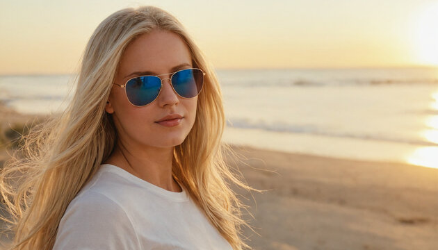 blonde woman with blue sunglasses posing on a beach