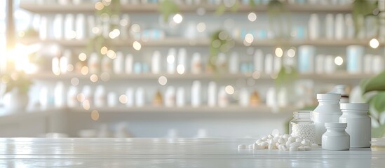 A table is covered with numerous white pills with blurred pharmacy counters and medication in the background. The pills are neatly arranged and fill the entire surface of the table. - obrazy, fototapety, plakaty