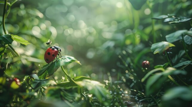 Create a sense of anticipation as the viewer follows the ladybird's journey through the photo.