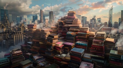 A pile of books towering like skyscrapers. Unexpected camera angle. Photorealistic.