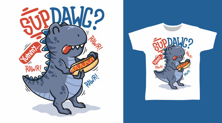 Dinosaur with Hotdog t shirt art fashion designs.