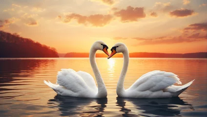 Gordijnen Heart shape of love symbol from the neck of two white swans © Prinxe