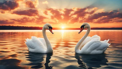 Rolgordijnen Heart shape of love symbol from the neck of two white swans © Prinxe