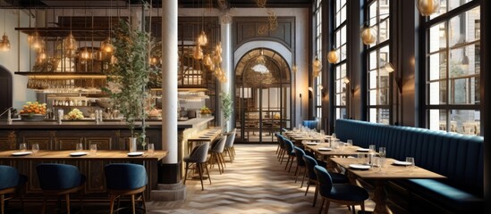 A restaurant interior featuring a long table surrounded by blue chairs, situated in a brand new European establishment in downtown.