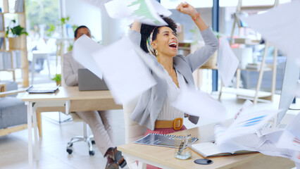 Excited woman, business and documents in air for celebration, success or done with work at office....