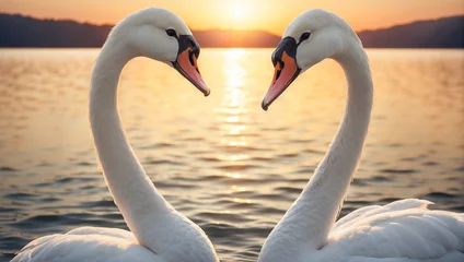 Fototapeten Heart shape of love symbol from the neck of two white swans © Prinxe