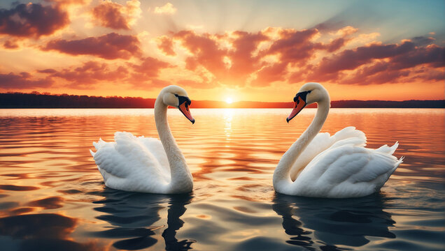 Heart shape of love symbol from the neck of two white swans