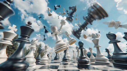 Chess figures battle: white vs. black, in the air above the chessboard with debris. Photorealistic. Unexpected camera angle. - obrazy, fototapety, plakaty