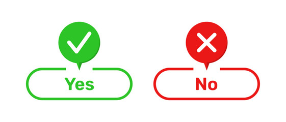 Right and Wrong symbols with Yes and No buttons in green and red color. Yes and No buttons with right and wrong symbols. Check box icon with tick and cross symbols with yes and no buttons.