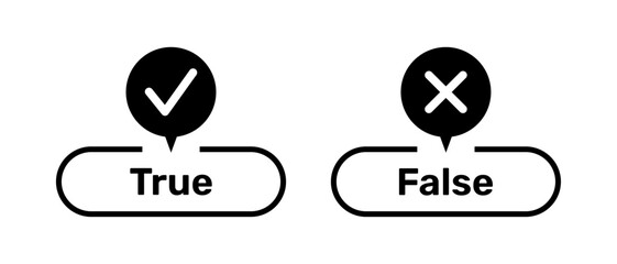 Right and Wrong symbols with True and False buttons black color. True and False buttons with right and wrong symbols. Check box icon with tick and cross symbols with true or false buttons vector.