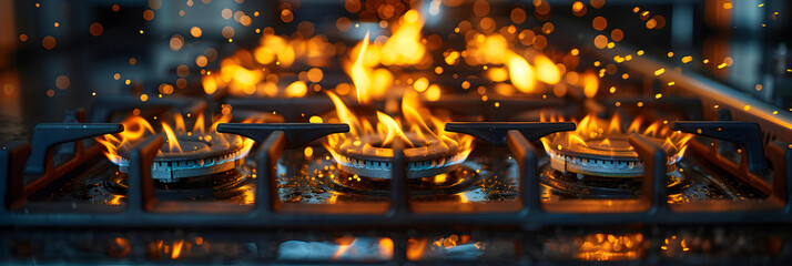 high angle view of barbecue grill,
Close-up stove flames perfect cooking
 - obrazy, fototapety, plakaty