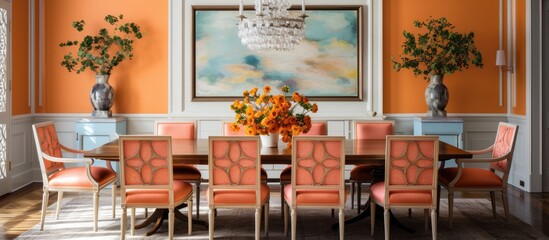 A dining room with a sleek table surrounded by vibrant orange chairs. Above, a stunning chandelier casts a warm glow over the room, creating a cozy and inviting atmosphere.