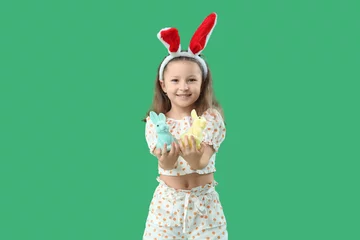Zelfklevend Fotobehang Cute little girl in bunny ears with toys rabbit on green background. Easter celebration © Pixel-Shot