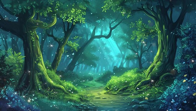 Enchanted Forest: Illuminated Green Glow Among the Trees Seamless looping 4k time-lapse virtual video animation background. Generated AI