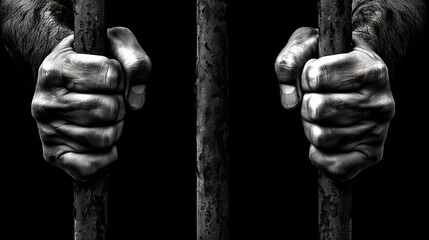 Two men's hands hold prison bars up close. Realistic.
