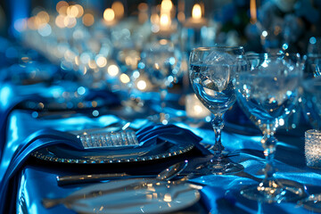 Rich dinner tables covered with blue clothes and sparkling glass