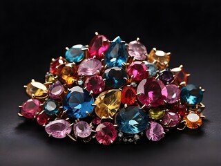 A cluster of multicolored gemstones, each facet sparkling against a velvet black background, showcasing their brilliance Generative AI