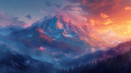 Dawn's embrace over serene mountain range with sky awash in pink and blue hues. - obrazy, fototapety, plakaty