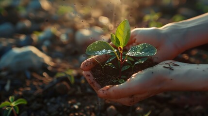 Two men's hands holding soil with young plants and droplets in bright sunlight. Front view. Photorealistic.