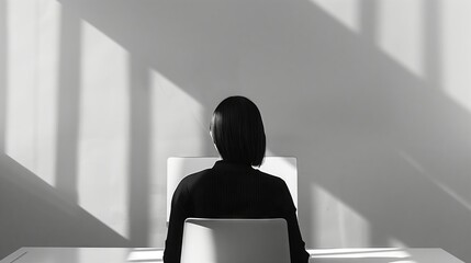 A girl sits at a desktop computer, working against a white, minimalist background with light and shadow, her back to the camera.
