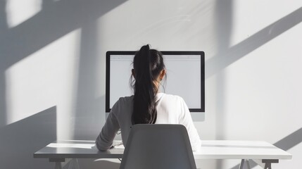 A girl sits at a desktop computer, working against a white, minimalist background with light and shadow, her back to the camera.