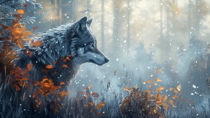 A solitary gray wolf in a snowy landscape, with its fur blending into the winter scenery, exuding wilderness and instinct. - obrazy, fototapety, plakaty