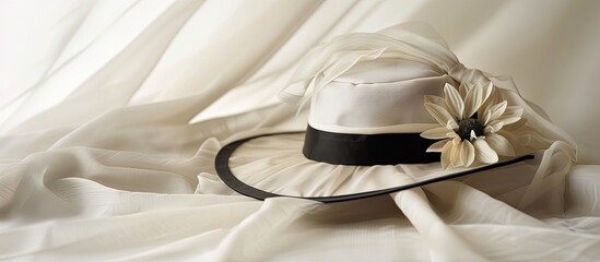 A white hat, worn by a lady, stands out with its intricate tape and flower adornments against a plain white background. The flower adds a touch of femininity to the hats design.