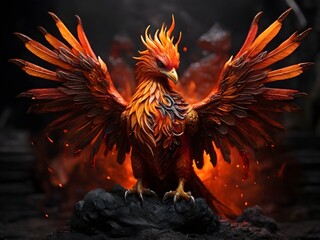 A fiery orange and red phoenix rising from ashes, its flames more vivid against the dark backdrop Generative AI