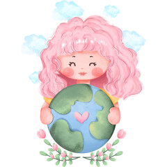 The girl with earth day watercolor png file