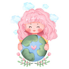 The girl with earth day watercolor png file 