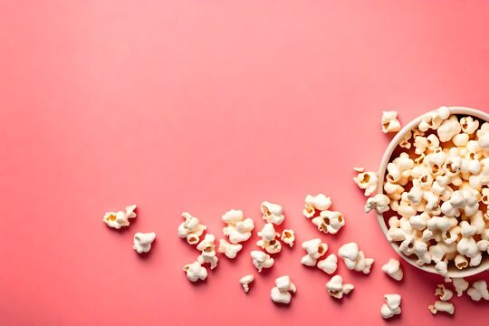 Popcorn scattered at half the pastel pink background and a space for copyspace. Popcorn on a red background. Flat lay. Copyspace. Cinema Concept