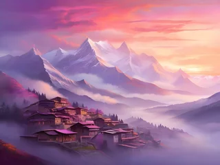 Deurstickers A vibrant sunrise over a misty mountain village, with the sky in shades of pink, orange, and purple Generative AI © Haroon
