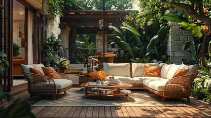 Inviting outdoor lounge set amidst lush greenery for a tranquil retreat in nature - obrazy, fototapety, plakaty