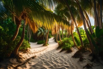 Fototapeta na wymiar Copyspace photo show pathway to business success and total freedom in this world. Sandy pathway between the trees on a tropical beach with infinite possibilities