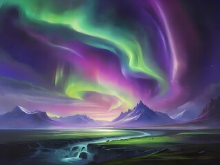 An aurora borealis scene, with vivid greens and purples dancing across the sky above a shadowed landscape Generative AI