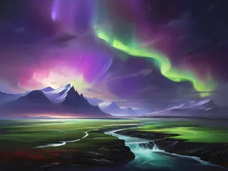 Draagtas An aurora borealis scene, with vivid greens and purples dancing across the sky above a shadowed landscape Generative AI © Haroon