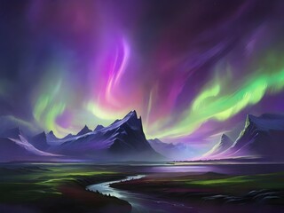 An aurora borealis scene, with vivid greens and purples dancing across the sky above a shadowed landscape Generative AI - obrazy, fototapety, plakaty