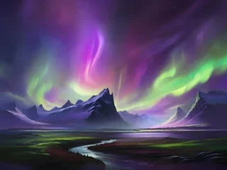 Schilderijen op glas An aurora borealis scene, with vivid greens and purples dancing across the sky above a shadowed landscape Generative AI © Haroon