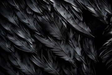Halloween background with black raven feathers on dark grunge backdrop. Horror gothic abstract...