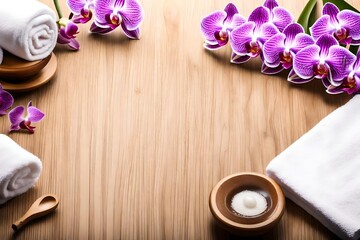 Wooden bathroom table, spa towel and orchid flower with copyspace