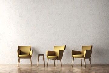 Three modern chair to face a blank wall, cgi - obrazy, fototapety, plakaty