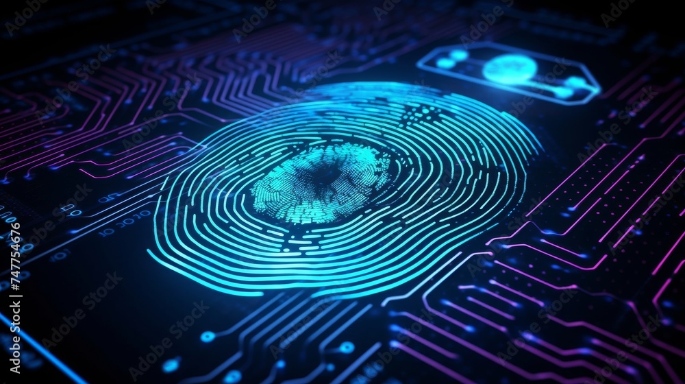 Poster technology background, biometric authentication, fingerprint scanning generative ai