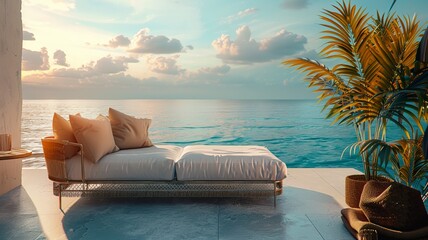 Fototapeta na wymiar Coastal balcony retreat with a wicker sofa and plush cushions overlooking the serene ocean